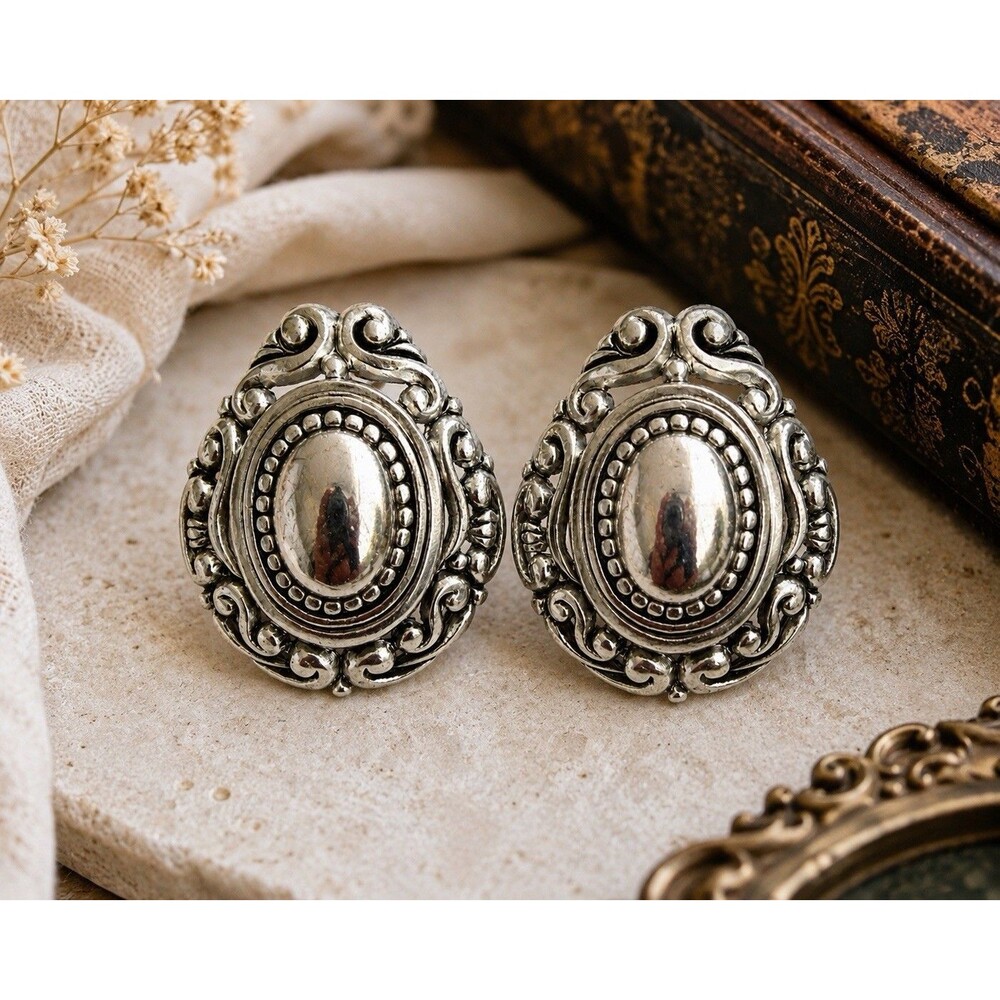 Vintage Silver Baroque Statement Earrings Victorian Revival Organic Maximalism
